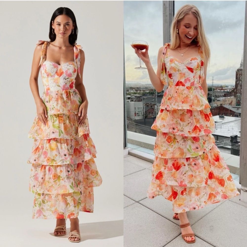 New ASTR REVOLVE Zirconia Tie Strap Tiered Orange Poppy Watercolor Maxi Dress